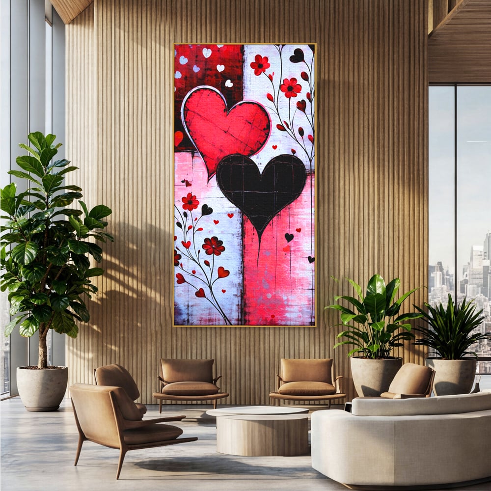 Tablou canvas cu tablou canvas cu inimi si flori, in rama de aluminiu auriu, pe perete intr-un birou